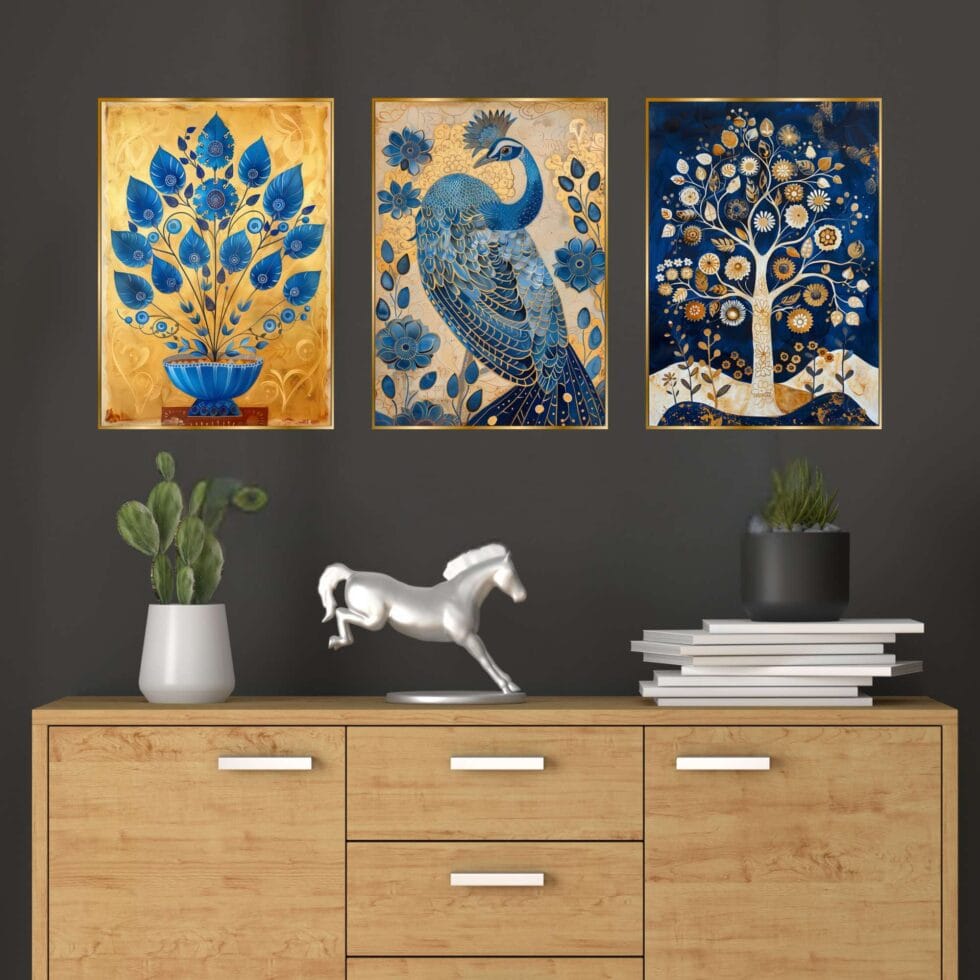 Set of Three Wall Paintings for Wall Dacoration Golden Framed Wall Paintings for Living Room & Bedroom Wall Art for Home Decoration & Office Wall Décor (24x18 inch CH-GD3-14) - AllHandmadeGoods