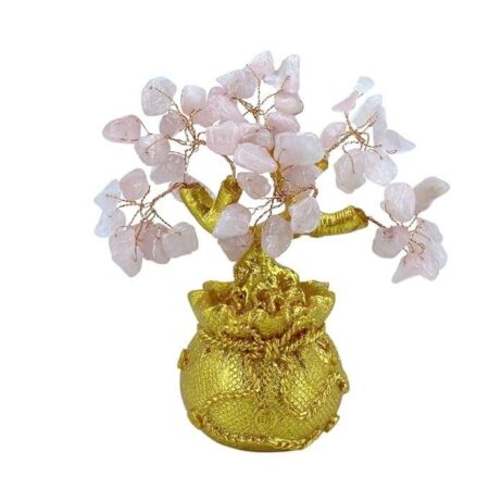 Rose Quartz crystal tree in golden money bag base for love, harmony, and prosperity
