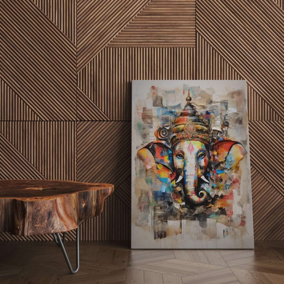 Vibrant Ganesh abstract painting on canvas, perfect Hindu wall décor for meditation space and gifting.