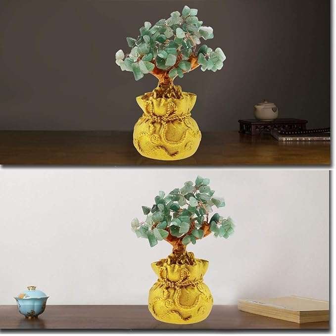 Green Aventurine crystal tree in golden money bag base for luck, success, and prosperity