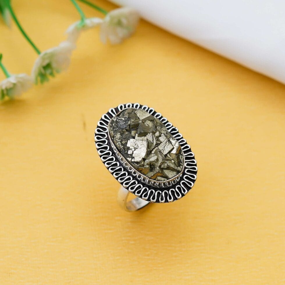 Oval pyrite gemstone ring with antique silver setting for women’s fashion jewellery