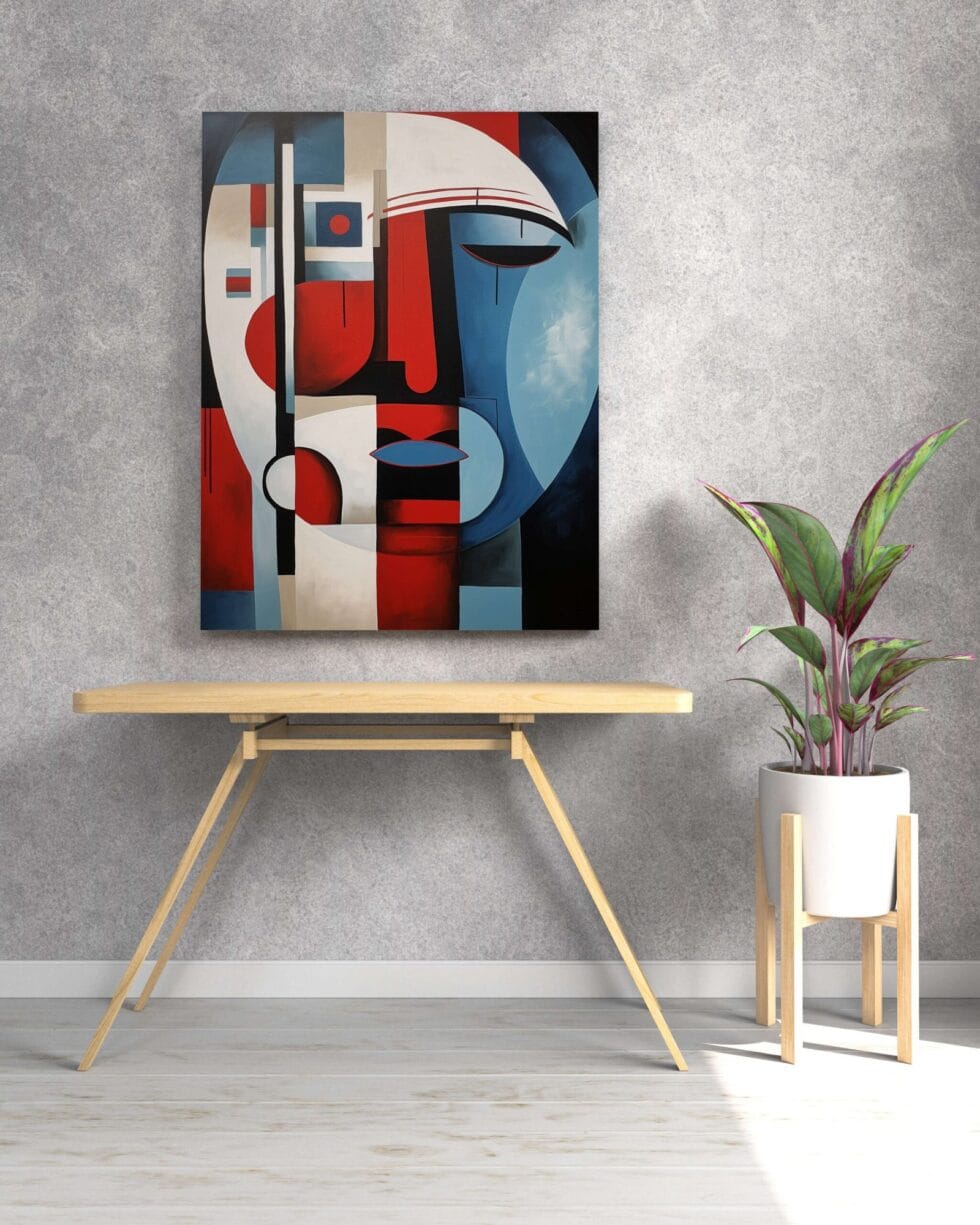 Abstract modern face art painting on canvas for home and office wall décor, contemporary geometric design.