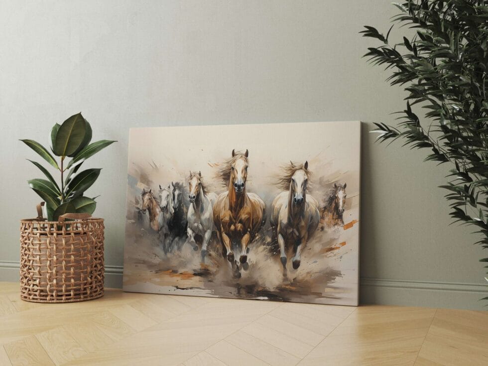Running horses handmade canvas wall art — dynamic animal painting for modern home interiors.