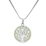 White Mother of Pearl Tree of Life pendant necklace with silver chain for peace, harmony, healing, and spiritual balance"