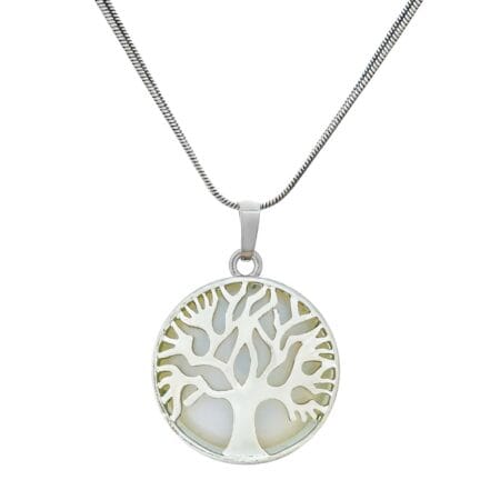 White Mother of Pearl Tree of Life pendant necklace with silver chain for peace, harmony, healing, and spiritual balance"
