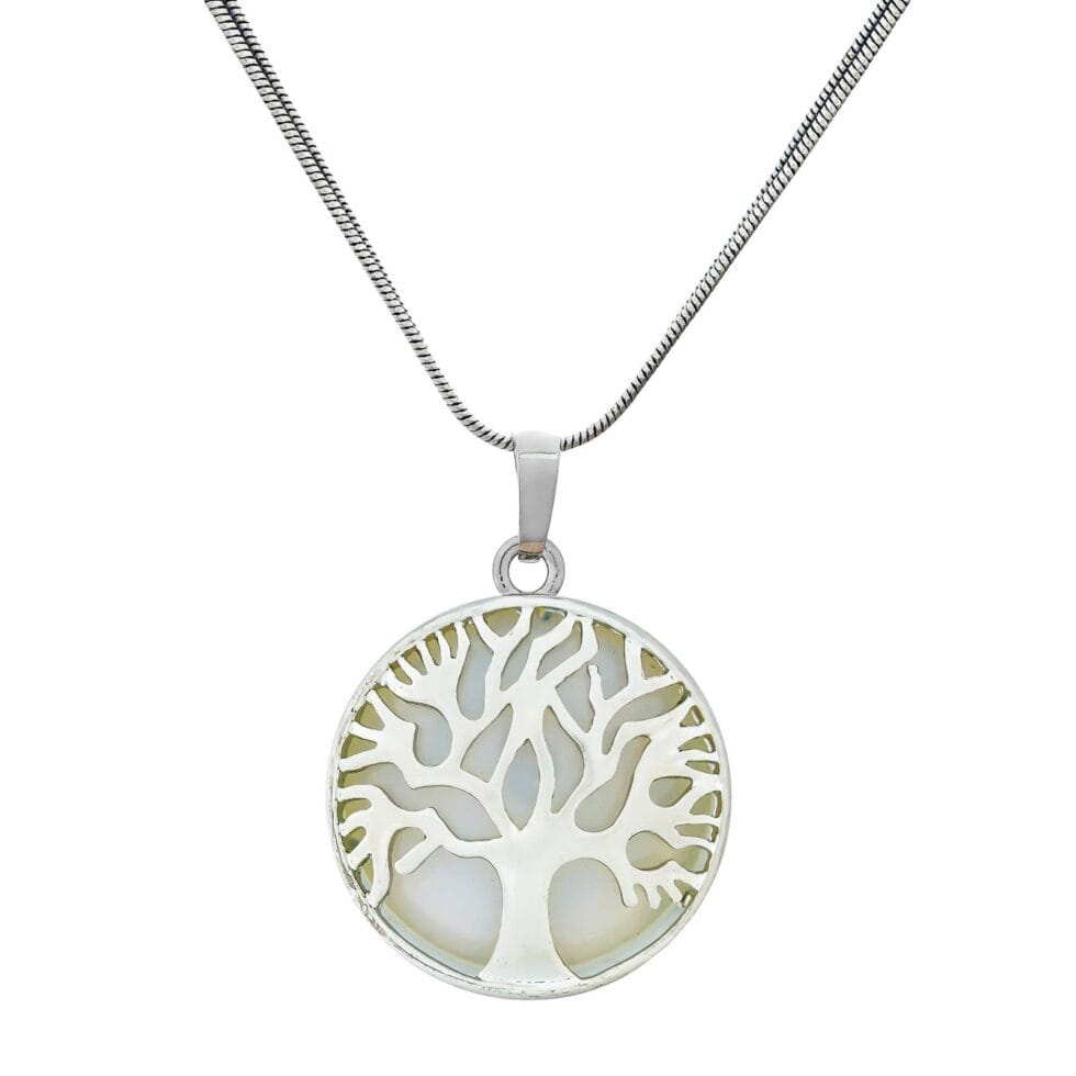 White Mother of Pearl Tree of Life pendant necklace with silver chain for peace, harmony, healing, and spiritual balance"