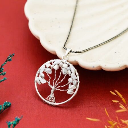 Howlite Tree of Life pendant necklace with natural white crystals for stress relief, calmness, and healing energy