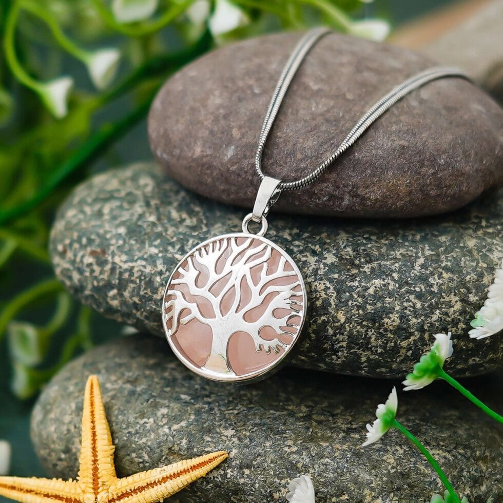 Rose quartz Tree of Life pendant necklace with silver chain for healing, love, balance, and positive energy"