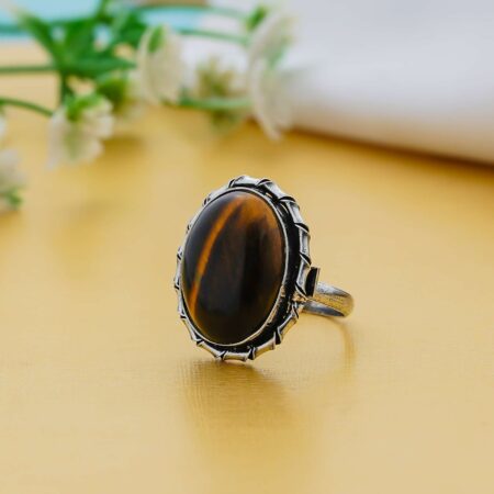 Oval Tiger Eye gemstone ring with antique silver setting for men and women jewellery