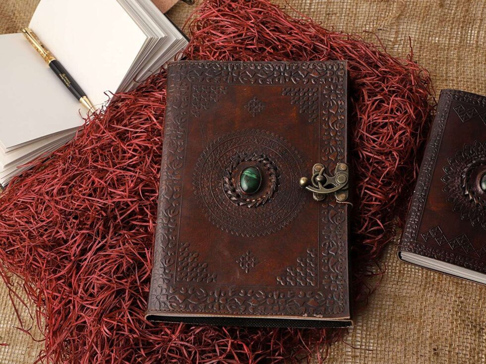 Classic Brown Mandala Leather Diary with Gem Center - AllHandmadeGoods