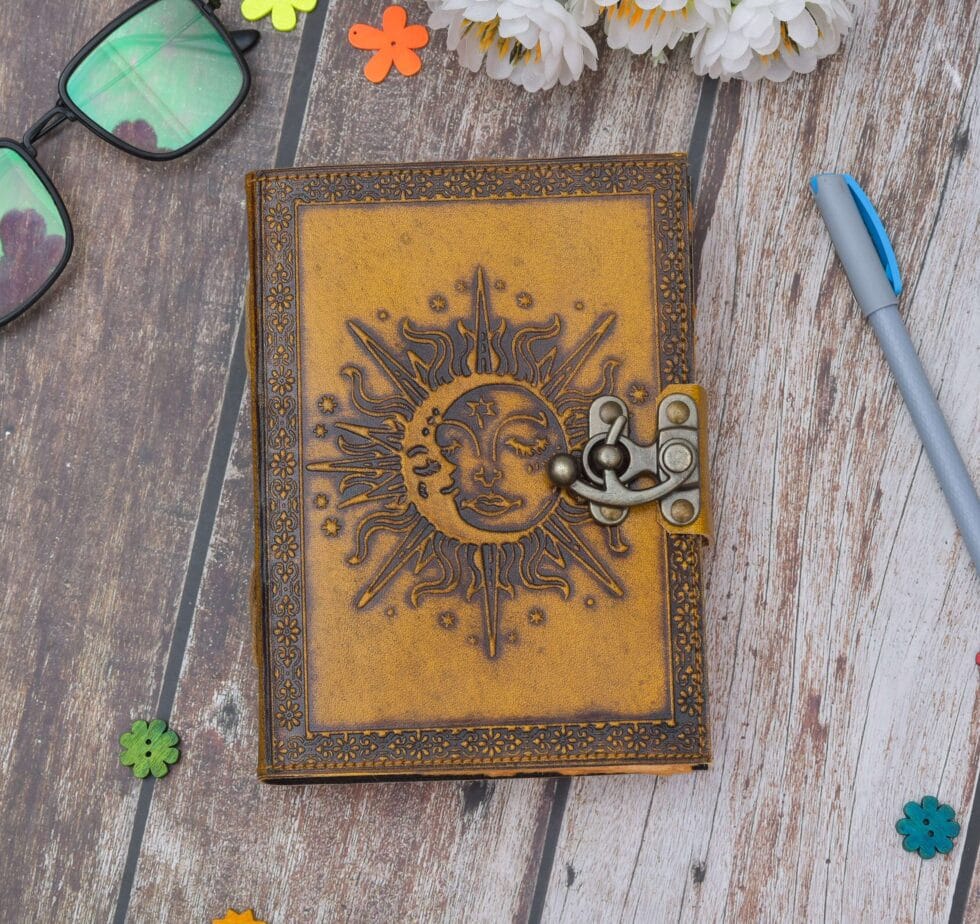 Sun Mandala Embossed Tan Leather Diary - AllHandmadeGoods