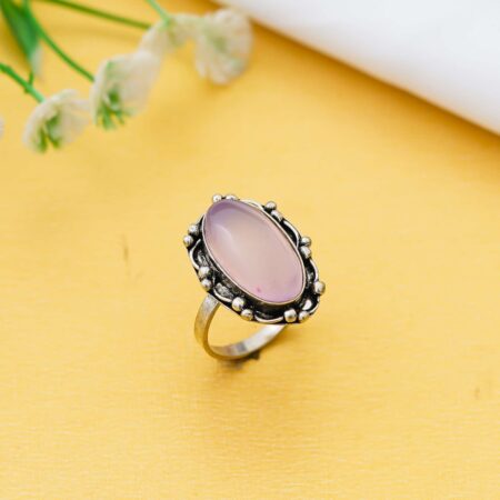 Rose quartz oval gemstone ring with antique silver setting for women’s jewellery"