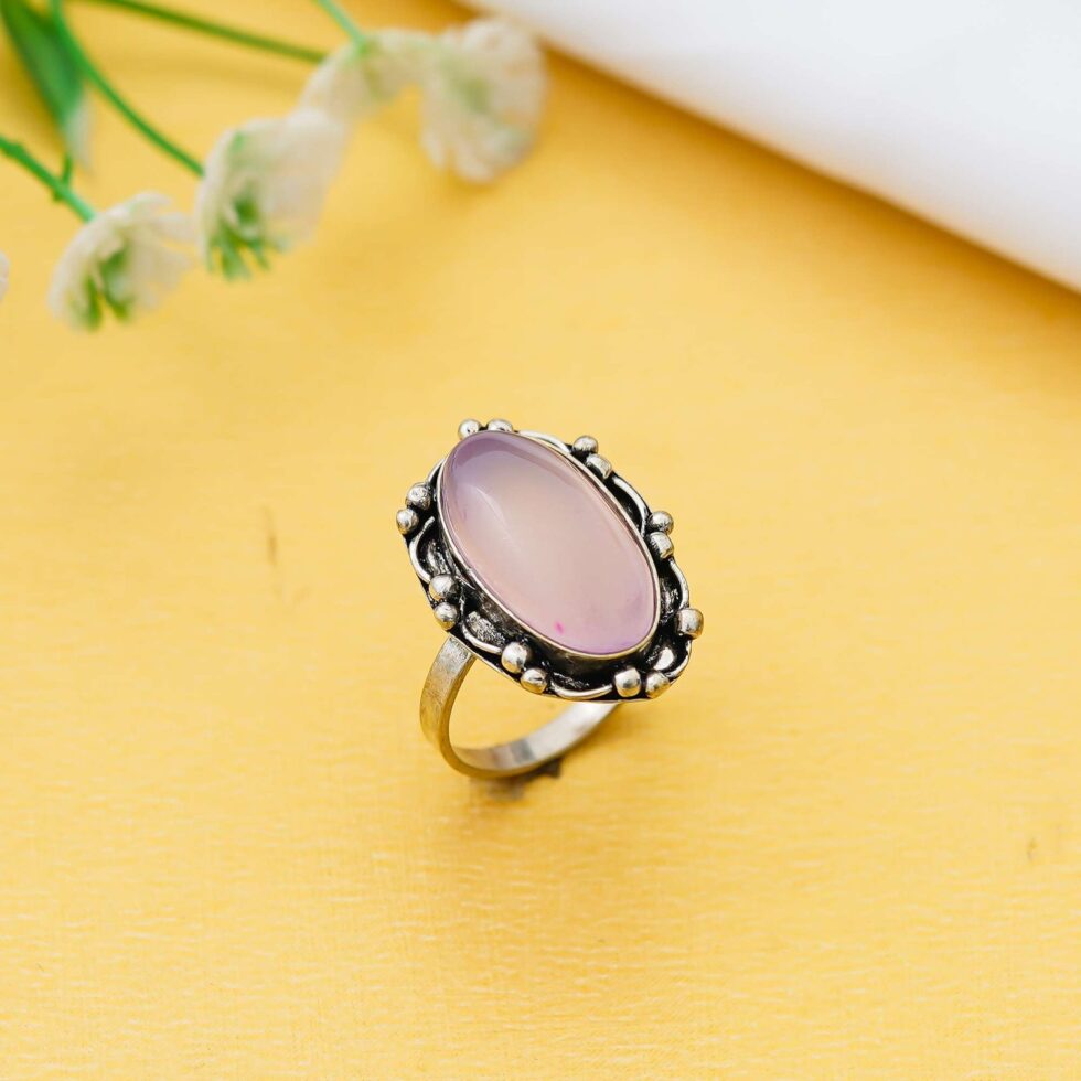 Rose quartz oval gemstone ring with antique silver setting for women’s jewellery"