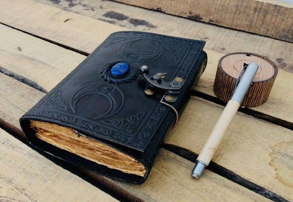 Midnight Blue Leather Journal with Sapphire Stone Accent - AllHandmadeGoods