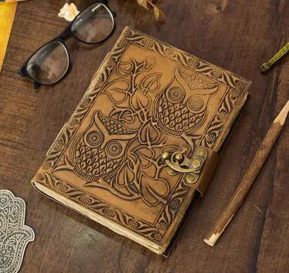 Hand-Carved Owl Design Vintage Leather Diary