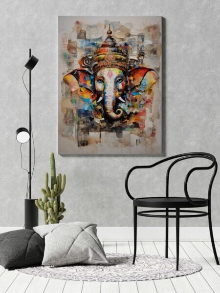 Sacred Lord Ganapati wall art in abstract style, vibrant handmade painting for spiritual home décor.