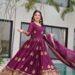 Women’s Ethnic Anarkali Style Floor-Length Gown in Magenta with Golden Zari Embroidery – Festive & Wedding Wear - AllHandmadeGoods