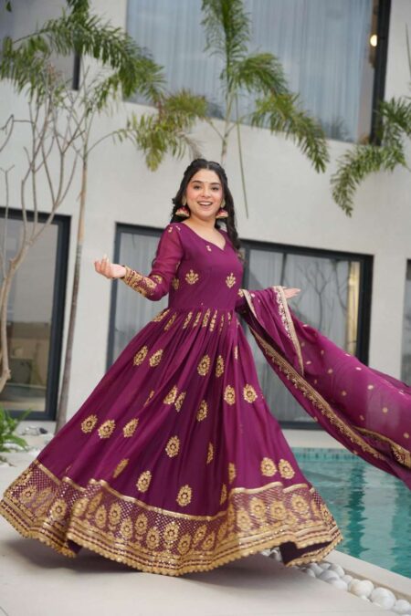 Home - AllHandmadeGoods Women’s Ethnic Anarkali Style Floor-Length Gown in Magenta with Golden Zari Embroidery – Festive & Wedding Wear
