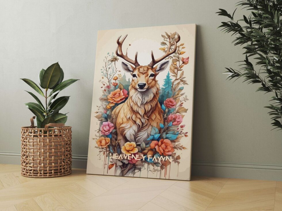 Colorful deer and flower-themed canvas painting, perfect for rustic, boho, and modern interior design.