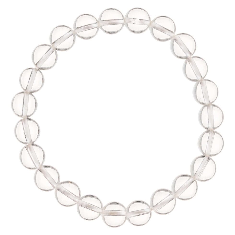 Clear quartz crystal bead bracelet for healing, clarity, meditation, and positive energy"
