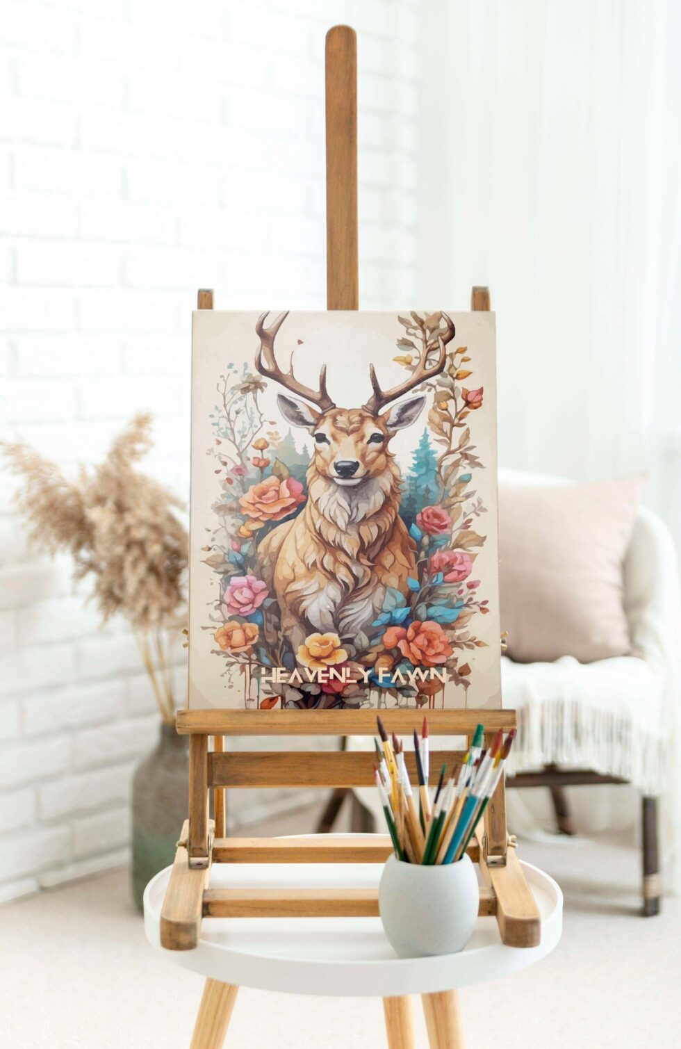Elegant stag with floral background painting, artistic wildlife wall décor for nature and art lovers.