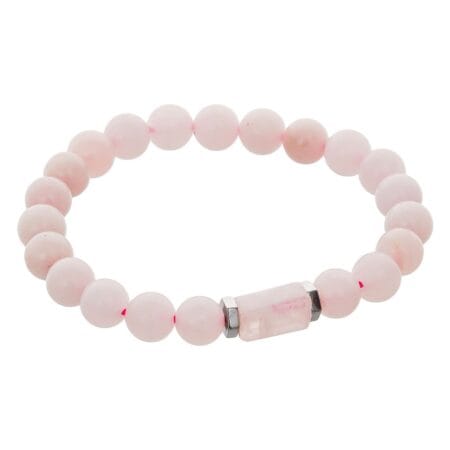 Rose quartz crystal bead bracelet with cylindrical charm for love, healing, and positive energy