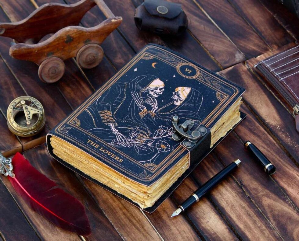 Lovers Tarot Embossed Leather Journal – Deep Navy - AllHandmadeGoods