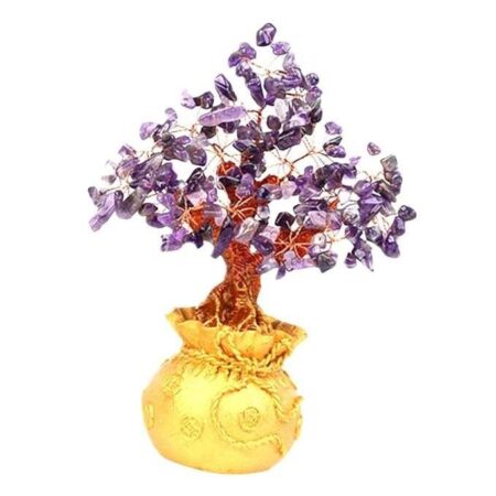 Amethyst crystal tree in golden money bag base for peace, healing, and prosperity