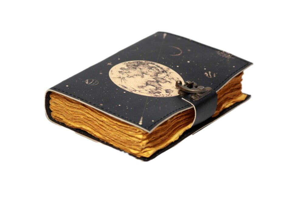 Celestial Moon Phase Black Leather Journal - AllHandmadeGoods