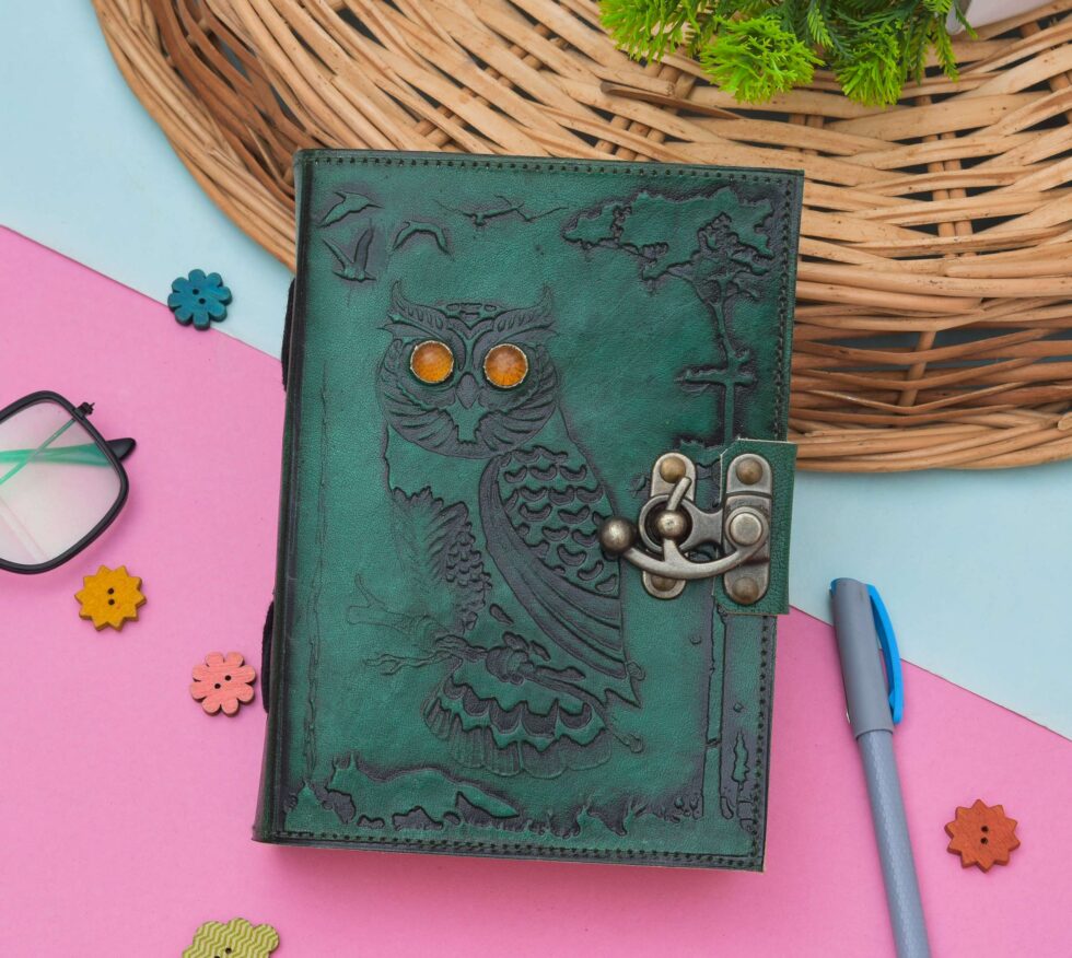 Forest Owl Embossed Green Leather Journal - AllHandmadeGoods
