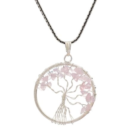Rose Quartz Tree of Life pendant necklace with natural crystals for love, healing, and positive energy