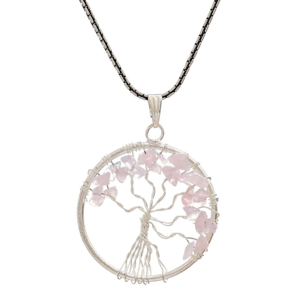 Rose Quartz Tree of Life pendant necklace with natural crystals for love, healing, and positive energy