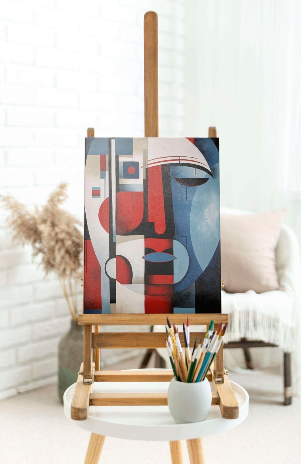 Geometric abstract wall art canvas, minimalist face artwork for interior design and modern home décor.