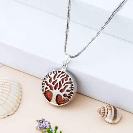 Golden Sunstone Tree of Life pendant necklace with silver chain for vitality, abundance, success, and positive energy
