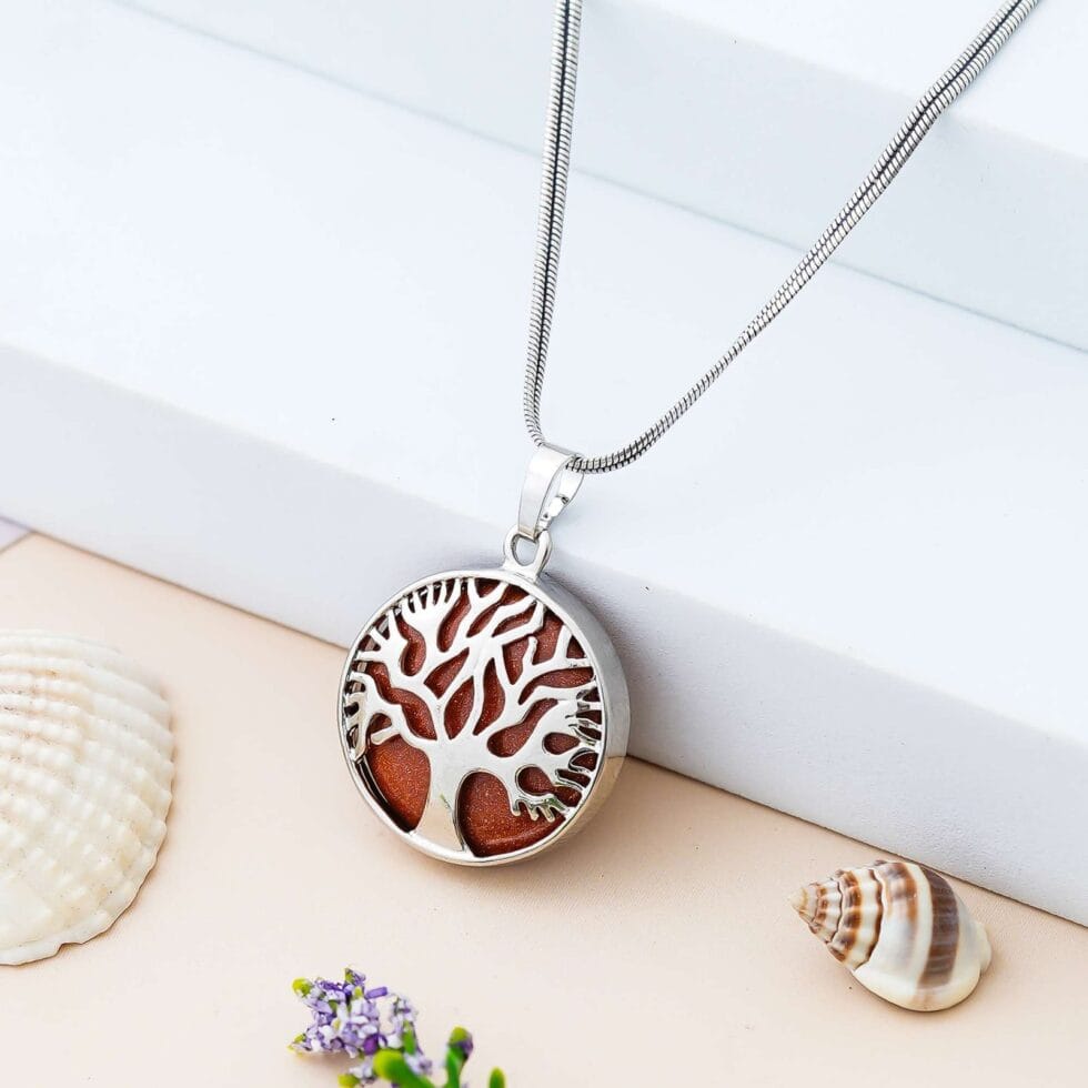 Golden Sunstone Tree of Life pendant necklace with silver chain for vitality, abundance, success, and positive energy