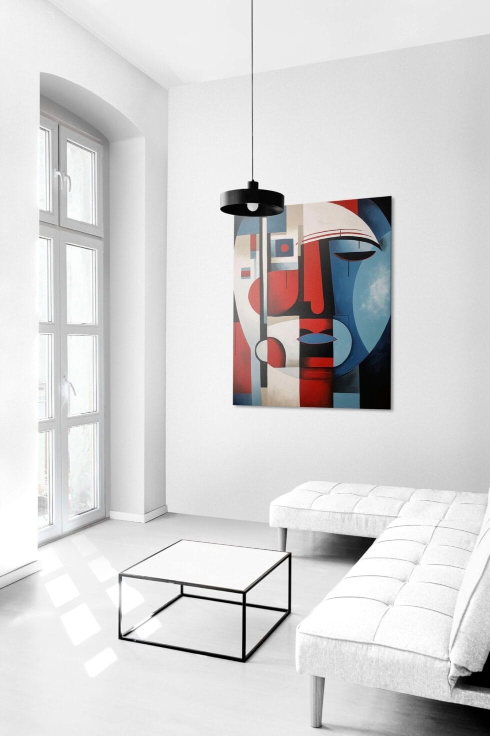 Modern cubist-style abstract face painting in red, blue, and white tones for living room decoration.
