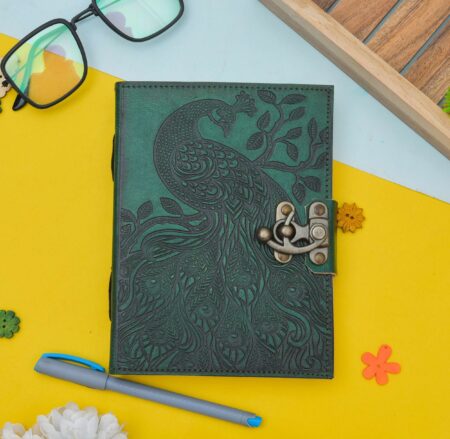 Peacock Feather Green Leather Diary