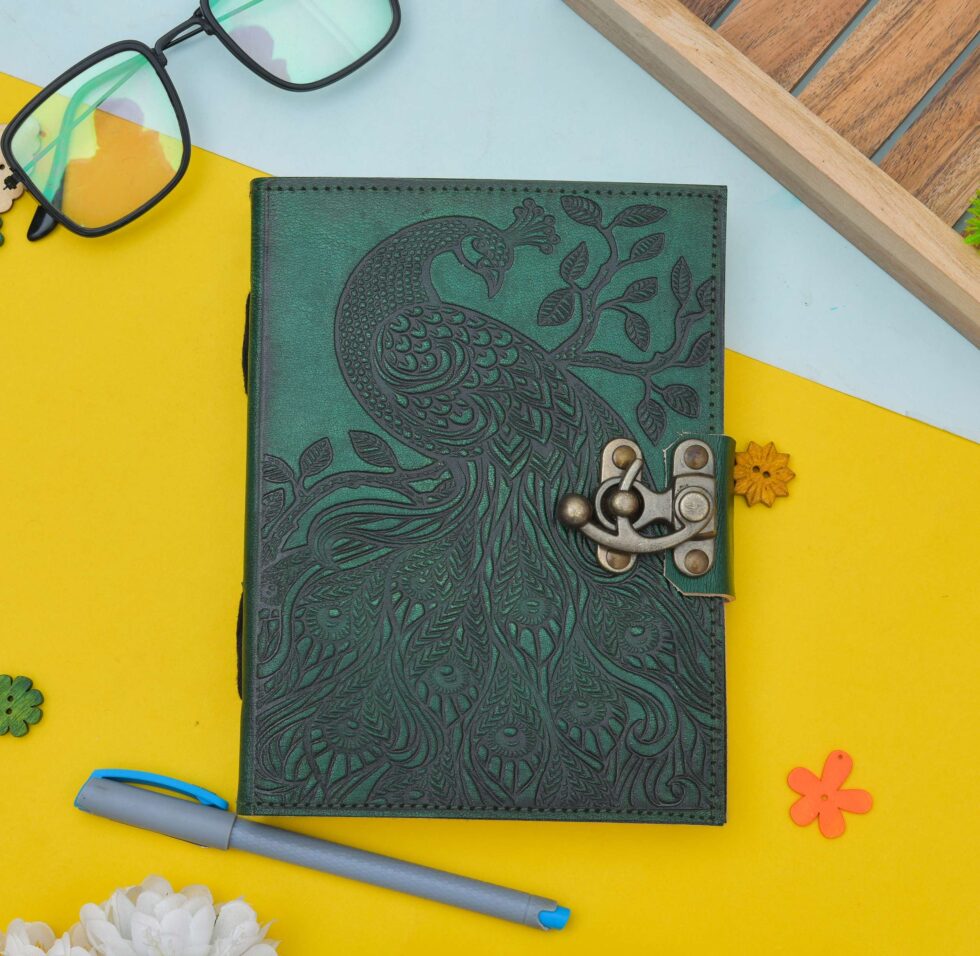 Peacock Feather Green Leather Diary - AllHandmadeGoods