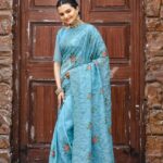 Women's Elegant Sage Green Georgette Saree with Delicate Floral Embroidery & Sequin Work – Perfect for Summer Festivities & Day Events - AllHandmadeGoods