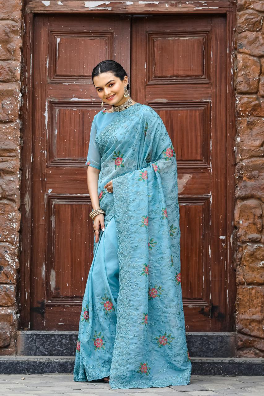 Women's Elegant Sage Green Georgette Saree with Delicate Floral Embroidery & Sequin Work – Perfect for Summer Festivities & Day Events - AllHandmadeGoods