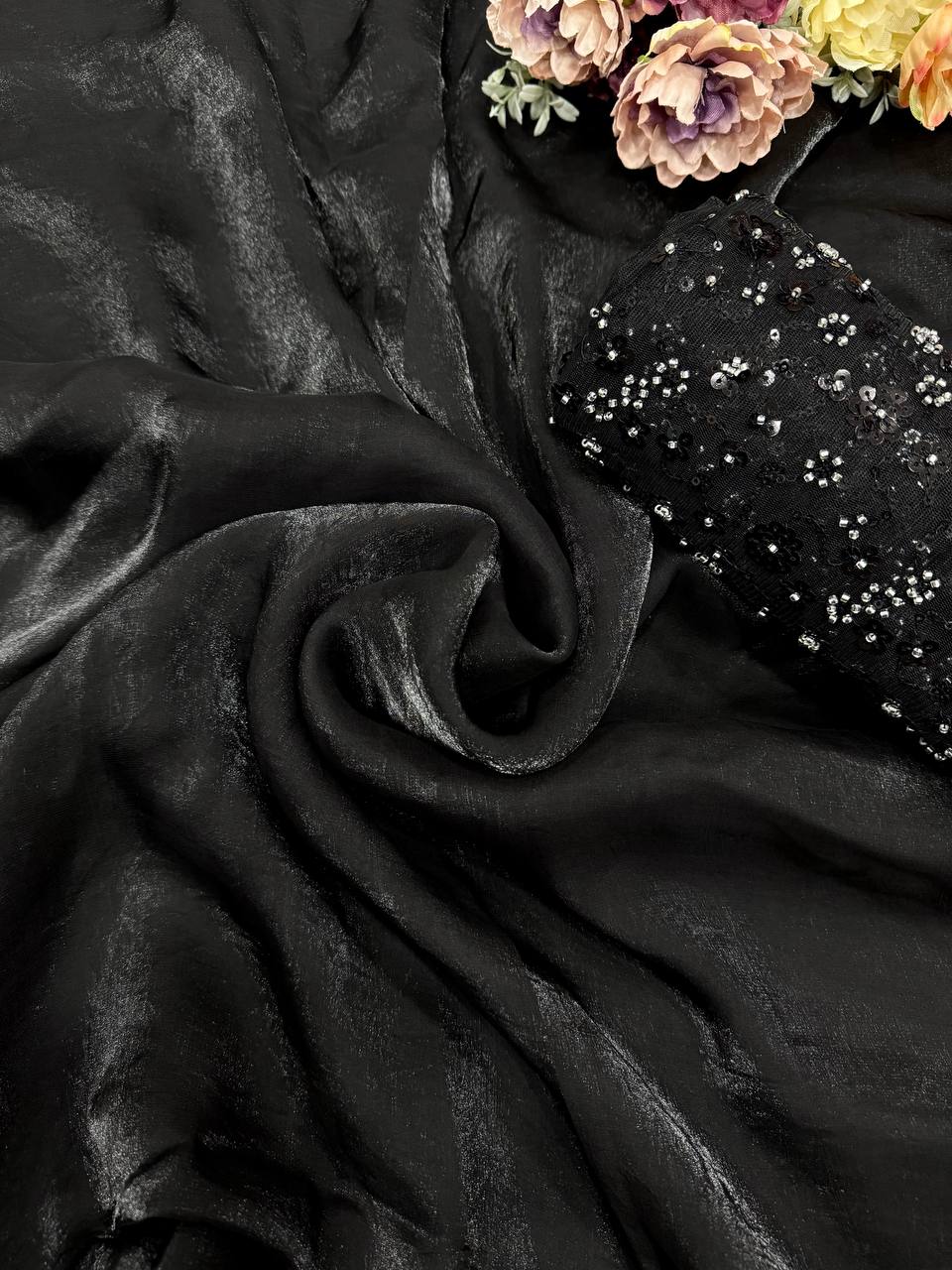 Women's Classic Black Shimmer Saree with All-Over Sequin Embellished Blouse Piece - AllHandmadeGoods