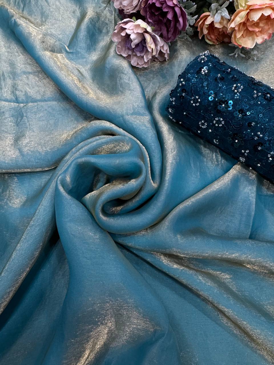 Women's Lustrous Teal Tissue Silk Saree with All-Over Sequin Embellished Blouse Piece - AllHandmadeGoods