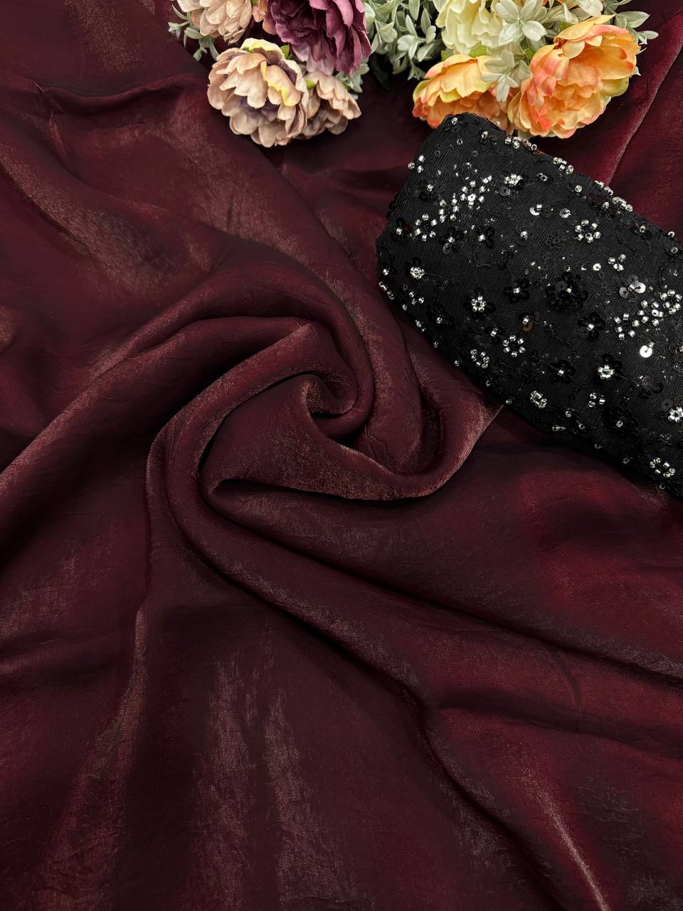 Women's Rich Wine Tissue Silk Saree with All-Over Sequin Embroidered Blouse Piece - AllHandmadeGoods