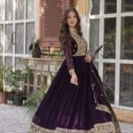 Women's Luxurious Plum Velvet Anarkali Gown with Heavy Gold Zari & Sequin Embroidery – Perfect for Weddings & Grand Festivities - AllHandmadeGoods