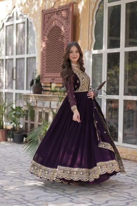 Home - AllHandmadeGoods Women's Luxurious Plum Velvet Anarkali Gown with Heavy Gold Zari & Sequin Embroidery – Perfect for Weddings & Grand Festivities