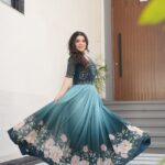 Women's Elegant Teal & Aqua Ombre Gown with Floral Printed Flair & Embellished Bodice – Perfect for Summer Festivities & Parties - AllHandmadeGoods
