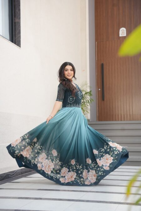 Home - AllHandmadeGoods Women's Elegant Teal & Aqua Ombre Gown with Floral Printed Flair & Embellished Bodice – Perfect for Summer Festivities & Parties