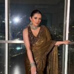 Women's Luxe Olive-Gold Silk Saree with Heavily Embellished Blouse & Border – Ideal for Evening, Wedding & Reception Wear - AllHandmadeGoods