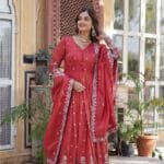 Women's Festive Rust Red Anarkali Gown with Intricate Silver Zari & Sequin Embroidery – Complete with Embroidered Dupatta - AllHandmadeGoods Women's Festive Rust Red Anarkali Gown with Intricate Silver Zari & Sequin Embroidery – Complete with Embroidered Dupatta - AllHandmadeGoods