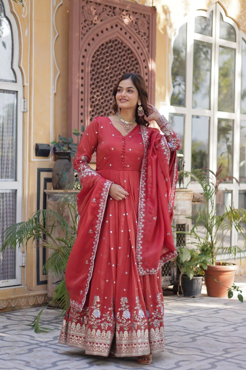 Women's Festive Rust Red Anarkali Gown with Intricate Silver Zari & Sequin Embroidery – Complete with Embroidered Dupatta - AllHandmadeGoods